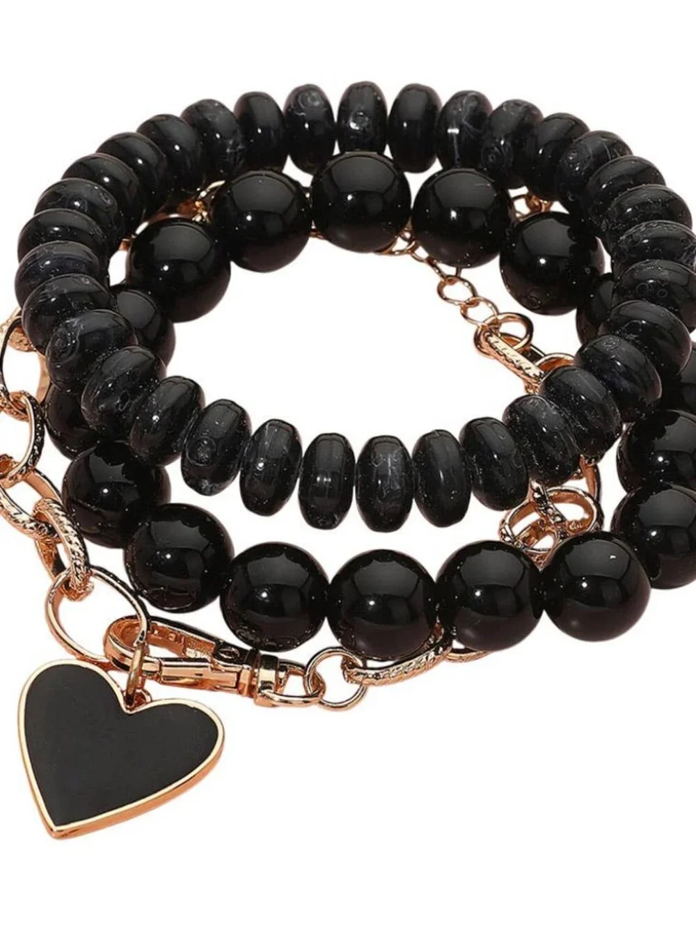Black Enamel Heart Charm Chain Stretch Beaded Multi Layered Bracelets